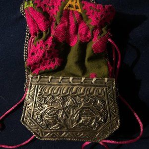 Unique Purse Tin botton embroidery Pink and green drawstring pouch Chain Strap